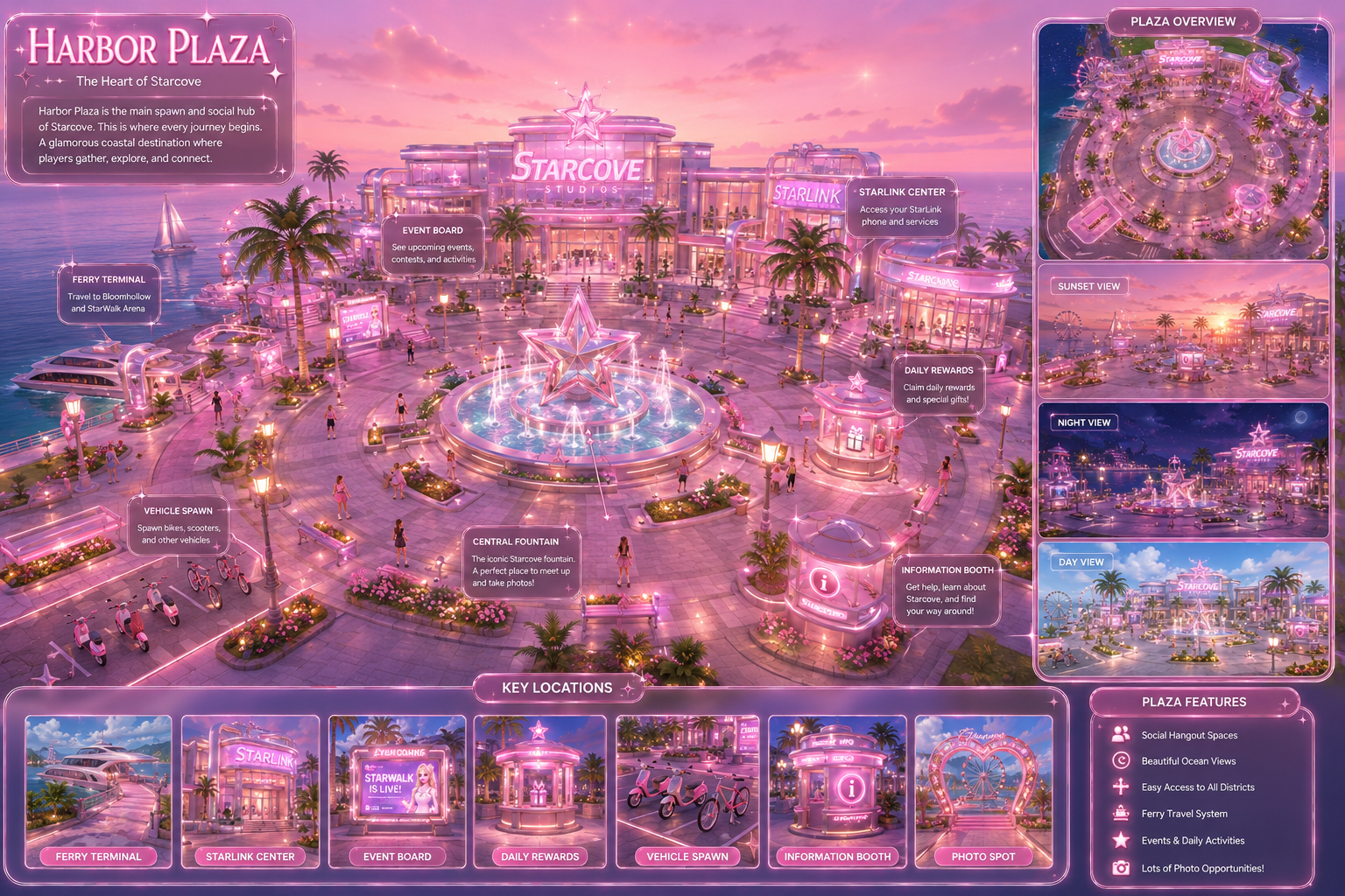 Harbor Plaza concept map with ferry terminal, StarLink Center, event board, daily rewards, and plaza overview