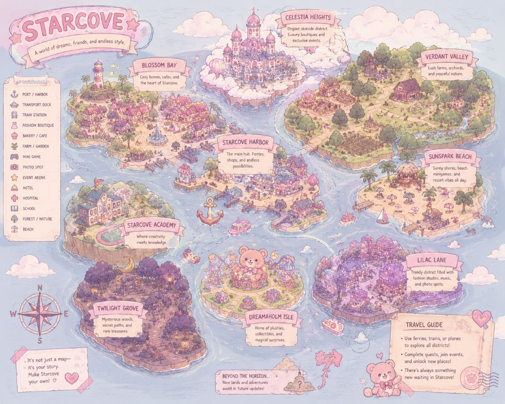 StarCove world map — Blossom Bay, Celestia Heights, Starcove Harbor, and more districts to explore